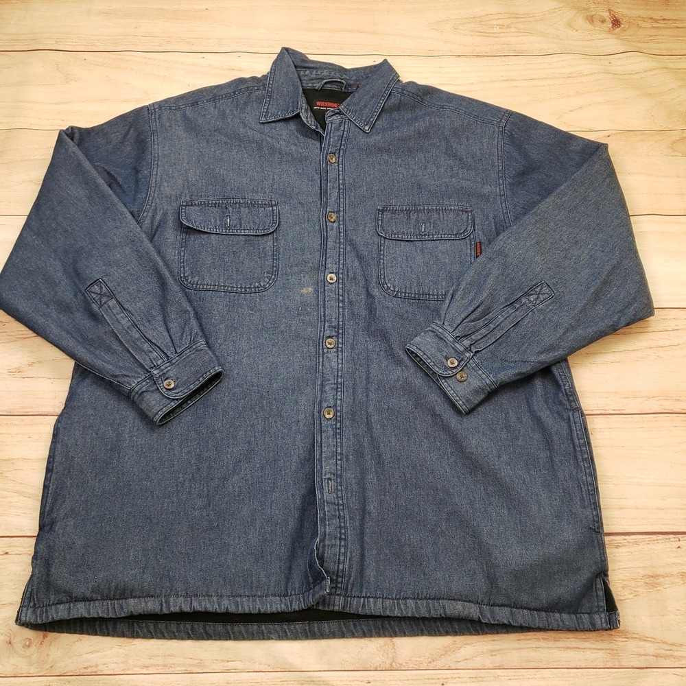 VINTAGE Wolverine Shirt Jacket Mens XXL Blue Denim Fleece Workwear Shacket Heavy